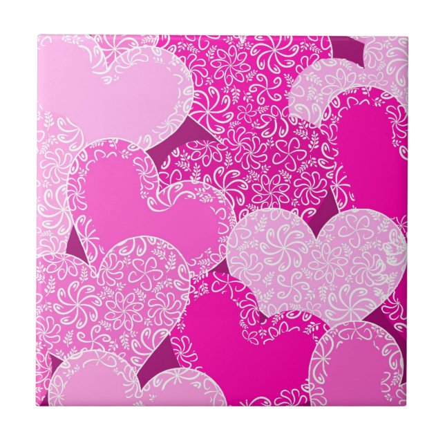 Pink floral hearts pattern ceramic tile (Front)