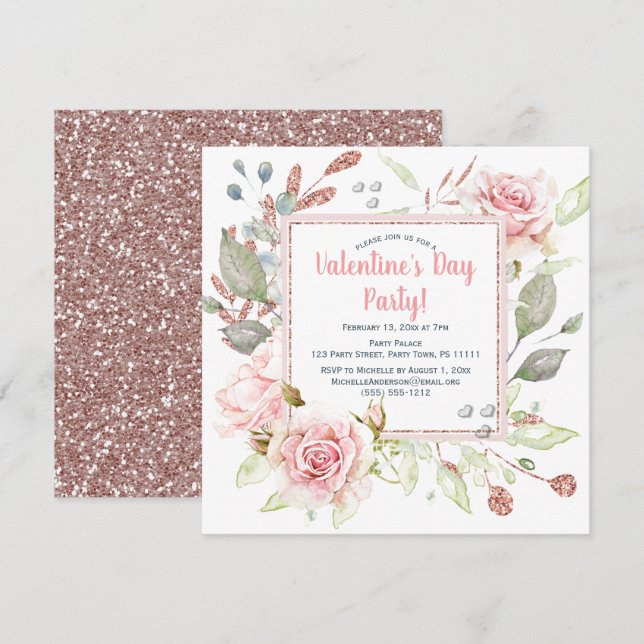 Pink Floral Hearts Valentines Day Party Invitation (Front/Back)
