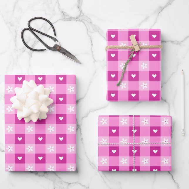 Pink Floral Hearts Wrapping Paper Sheet (Front)