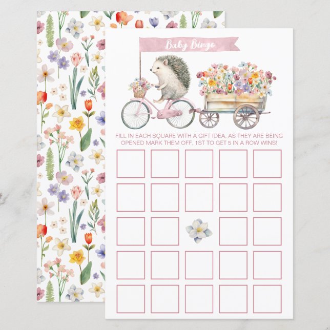 Pink Floral Hedgehog Baby Shower Bingo Game Card (Front/Back)