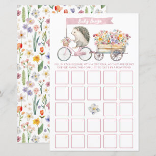 Pink Floral Hedgehog Baby Shower Bingo Game Card
