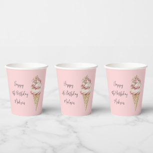 Pink Floral Here's the Scoop Ice Cream Birthday Paper Cups
