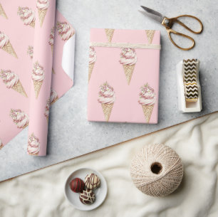 Pink Floral Here's the Scoop Ice Cream Birthday Wrapping Paper