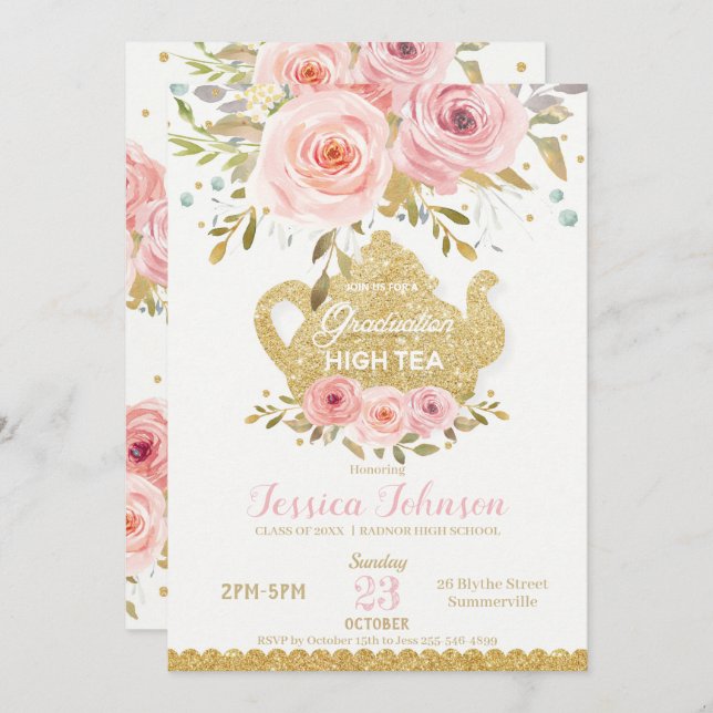 Pink Floral High Tea Graduation Party Invitation (Front/Back)