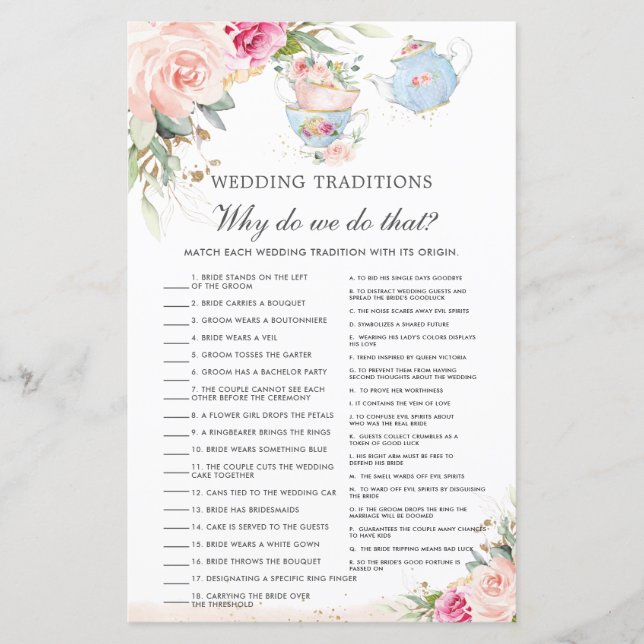 Pink Floral High Tea Party Wedding Traditions Game (Front)