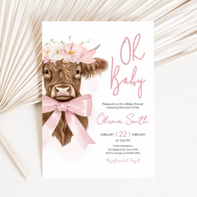 Pink Floral Highland Cow Baby Shower Invitation (Coquette Highland Cow Baby Shower Invitation)