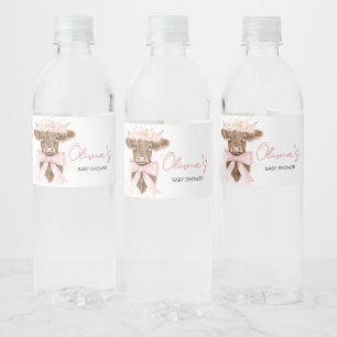 Pink Floral Highland Cow Baby Shower Water Bottle Label