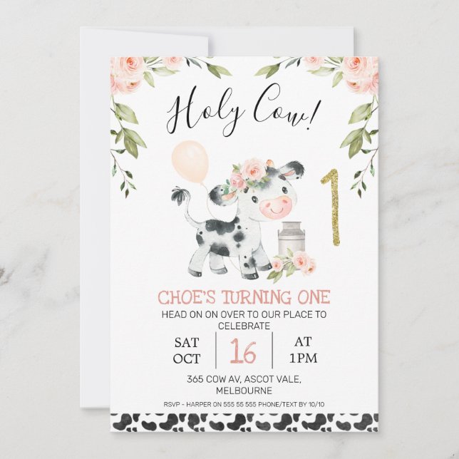 Pink Floral Holy Cow Cow Print First Birthday Invitation (Front)