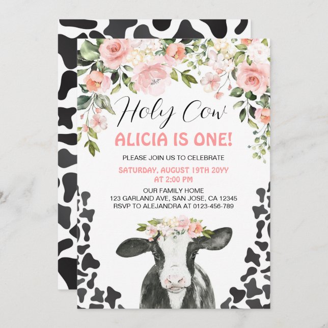 Pink Floral Holy Cow Cow Print First Birthday Invitation (Front/Back)