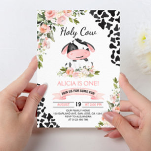 Pink Floral Holy Cow Cow Print First Birthday Invitation