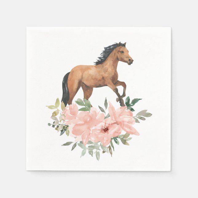 Pink Floral Horse Birthday Party Napkin (Front)