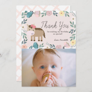 Pink Floral Horse Birthday Photo Thank You Card