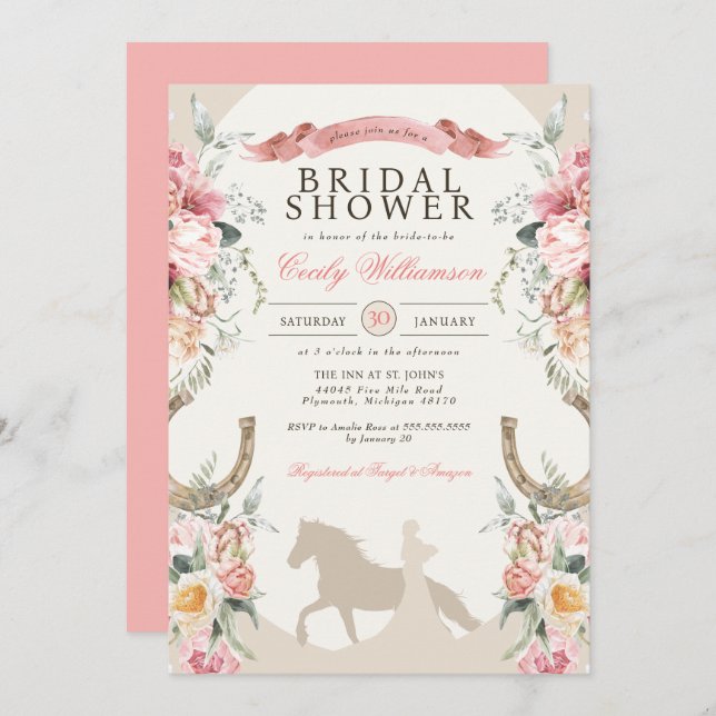 Pink Floral Horse Ranch Western Bridal Shower Invitation (Front/Back)