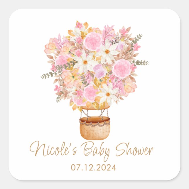  Pink Floral Hot Air Balloon Baby Shower  Square Sticker (Front)