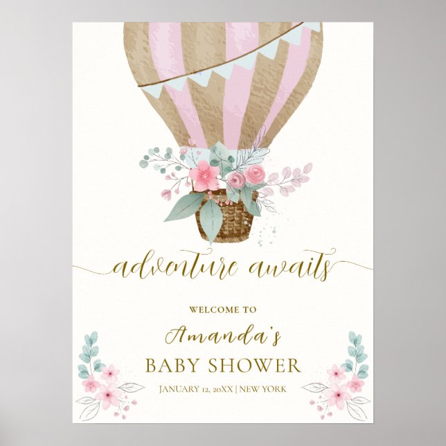 Pink Floral Hot Air Balloon Baby Shower Welcome  Poster (Front)