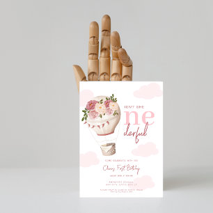 Pink floral Hot Air Balloon Onederful 1st Birthday Invitation