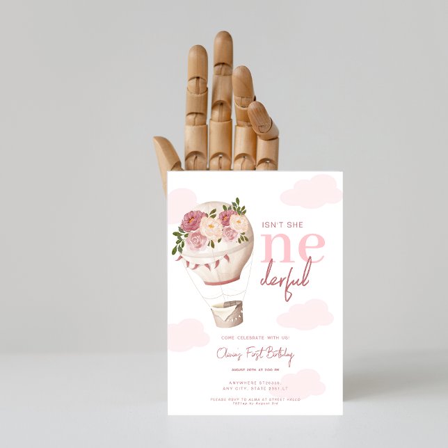 Pink floral Hot Air Balloon Onederful 1st Birthday Invitation (Creator Uploaded)