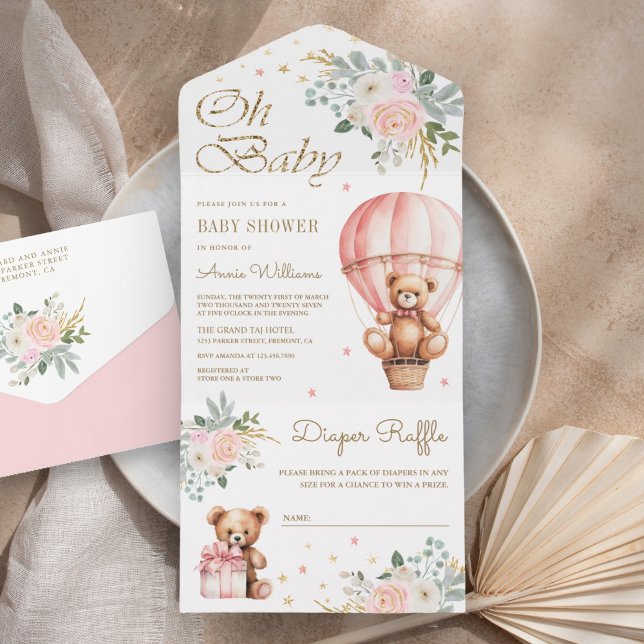 Pink Floral Hot Air Balloon Teddy Bear Baby Shower All In One Invitation (Creator Uploaded)