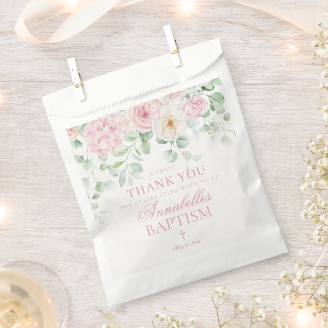 Pink Floral Hydrangea Botanical Baptism Dessert Favour Bag (Clipped)