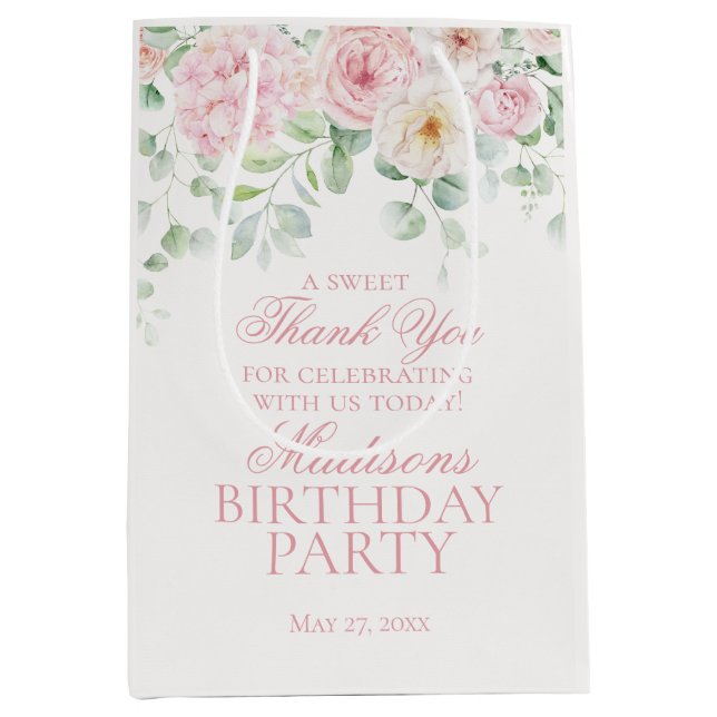 Pink Floral Hydrangea Botanical Birthday Favour Medium Gift Bag (Front)