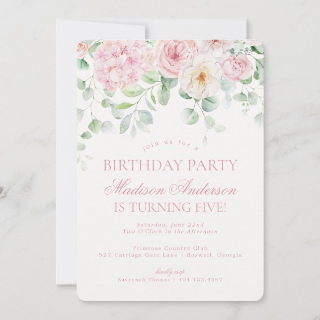 Pink Floral Hydrangea Botanical Birthday Party Invitation (Front)