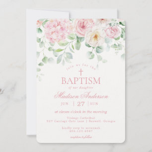Pink Floral Hydrangea Botanical Blooms Baptism Invitation
