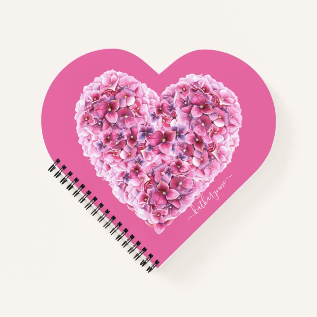 Pink Floral Hydrangea Heart Valentines Notebook (Front)