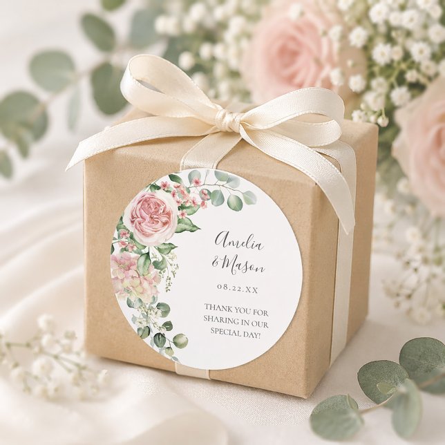 Pink Floral Hydrangea Peony Eucalyptus Wedding  Classic Round Sticker (Pink Floral Hydrangea Peony Eucalyptus Wedding Classic Round Sticker)