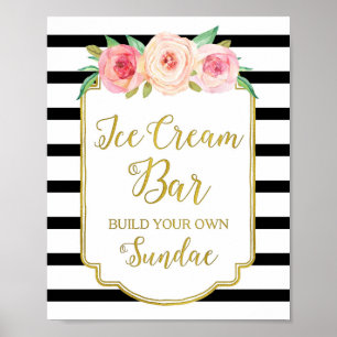 Pink Floral Ice Cream Bar Sign Gold Black Stripes