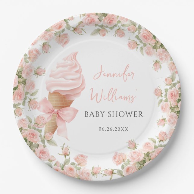 Pink Floral Ice Cream Summer Baby Girl Shower Paper Plate (Front)