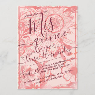 Pink Floral Illustration Watercolor Quinceañera Invitation