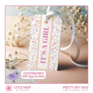 Pink Floral It’s a Girl Customisable Baby Shower Gift Tags