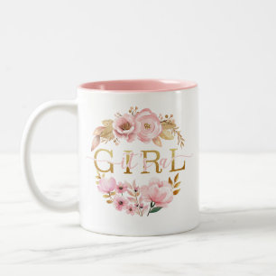 Pink Floral It's a Girl Announcement Two-Tone Coffee Mug