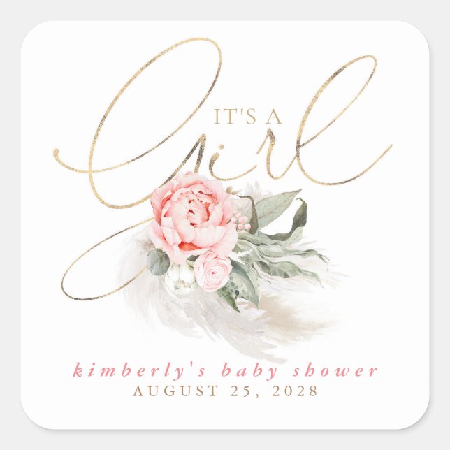 Pink Floral It's A Girl Baby Shower Square Sticker (Front)