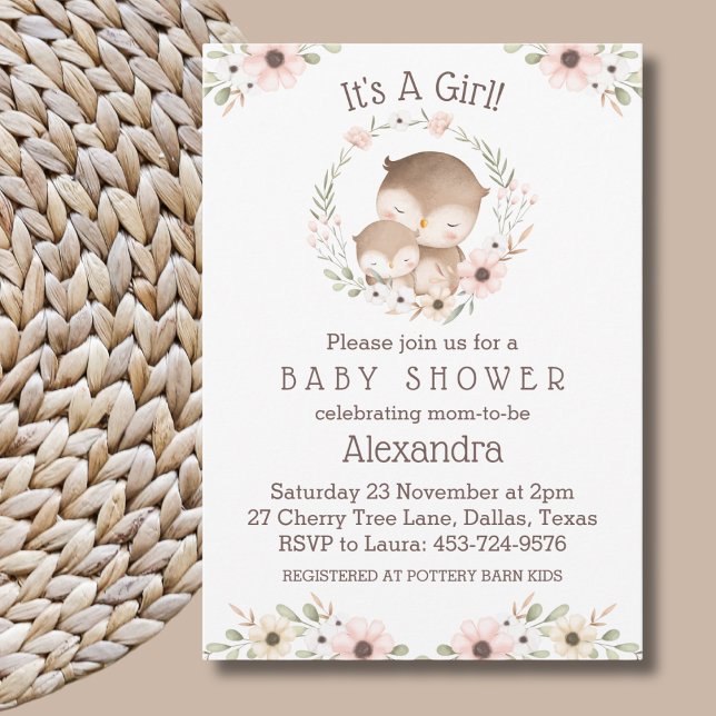 Pink Floral It's a Girl Owl Baby Shower Invitation (Creator Uploaded)