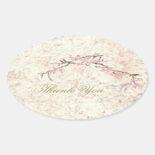 pink floral japanese cherry blossom spring wedding oval sticker