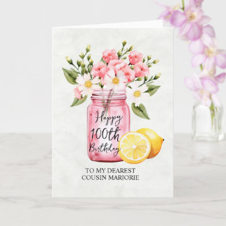 Pink Floral Jar Cousin 100th Birthday Greeting Card