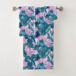 Pink Floral Jewel Tone Indigo Blue Watercolor Bath Towel Set