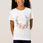 Pink Floral Jr Bridesmaid Script Watercolor Wreath T-Shirt<br><div class="desc">A pretty, modern floral Junior Bridesmaid t-shirt design. The watercolor wreath of pink, peach and eucalyptus greenery features the title "Junior Bridesmaid" in the centre, in hand lettered pink script typography. This is part of a collection of Bridal Party tees in this design theme, see our Zazzle store for the...</div>