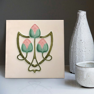 Pink Floral Jugendstil Art Nouveau Repro England Ceramic Tile