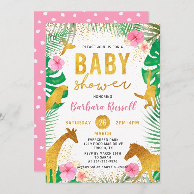 Pink Floral Jungle Animals Safari Girl Baby Shower Invitation (Front/Back)