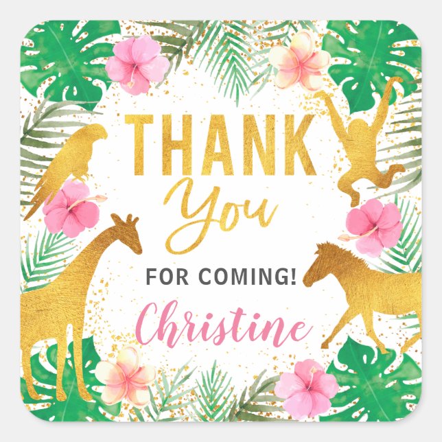 Pink Floral Jungle Animals Safari Party Square Sticker (Front)