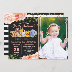Pink Floral Jungle Party Animals Birthday Photo Invitation