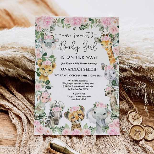 Pink Floral Jungle Safari Animals Girl Baby Shower Invitation (Creator Uploaded)