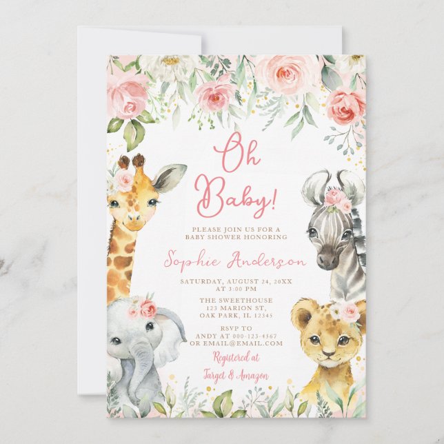 Pink Floral Jungle Safari Animals Girl Baby Shower Invitation (Front)