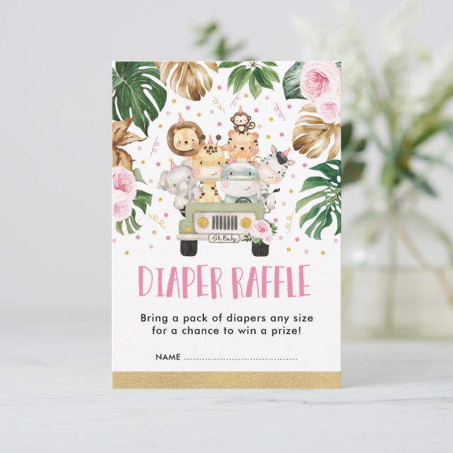 Pink Floral Jungle Safari Baby Girl Diaper Raffle Enclosure Card (Standing Front)