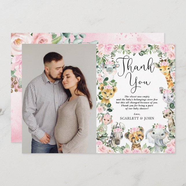 Pink Floral Jungle Wild Animals Baby Shower Photo Thank You Card (Front/Back)