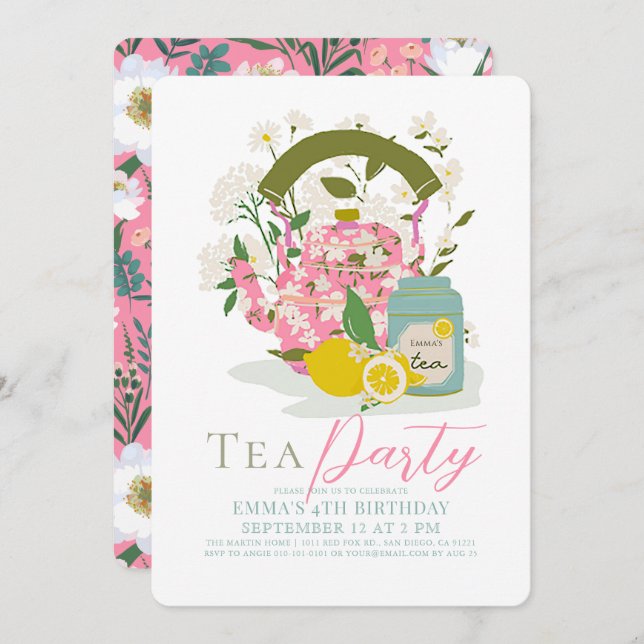 Pink Floral Kettle Lemon Tea Party Girl Birthday Invitation (Front/Back)