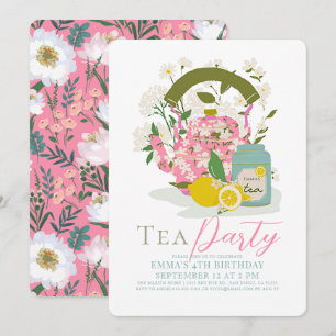 Pink Floral Kettle Lemon Tea Party Girl Birthday Invitation
