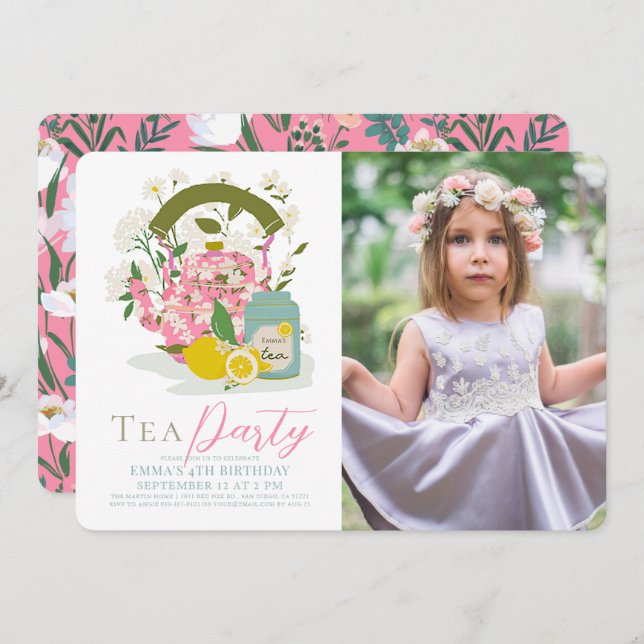 Pink Floral Kettle Lemon Tea Party Girl Birthday Invitation (Front/Back)